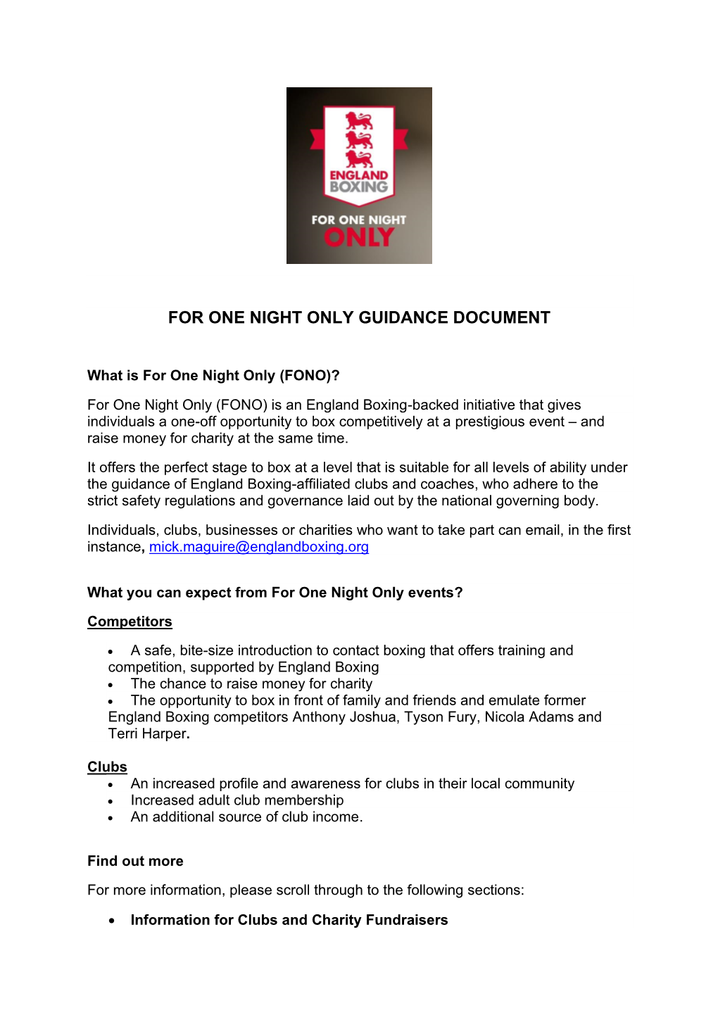 For One Night Only Guidance Document