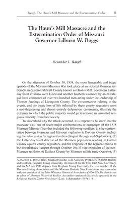 The Haun's Mill Massacre and the Extermination Order of Missouri Governor Lilburn W. Boggs
