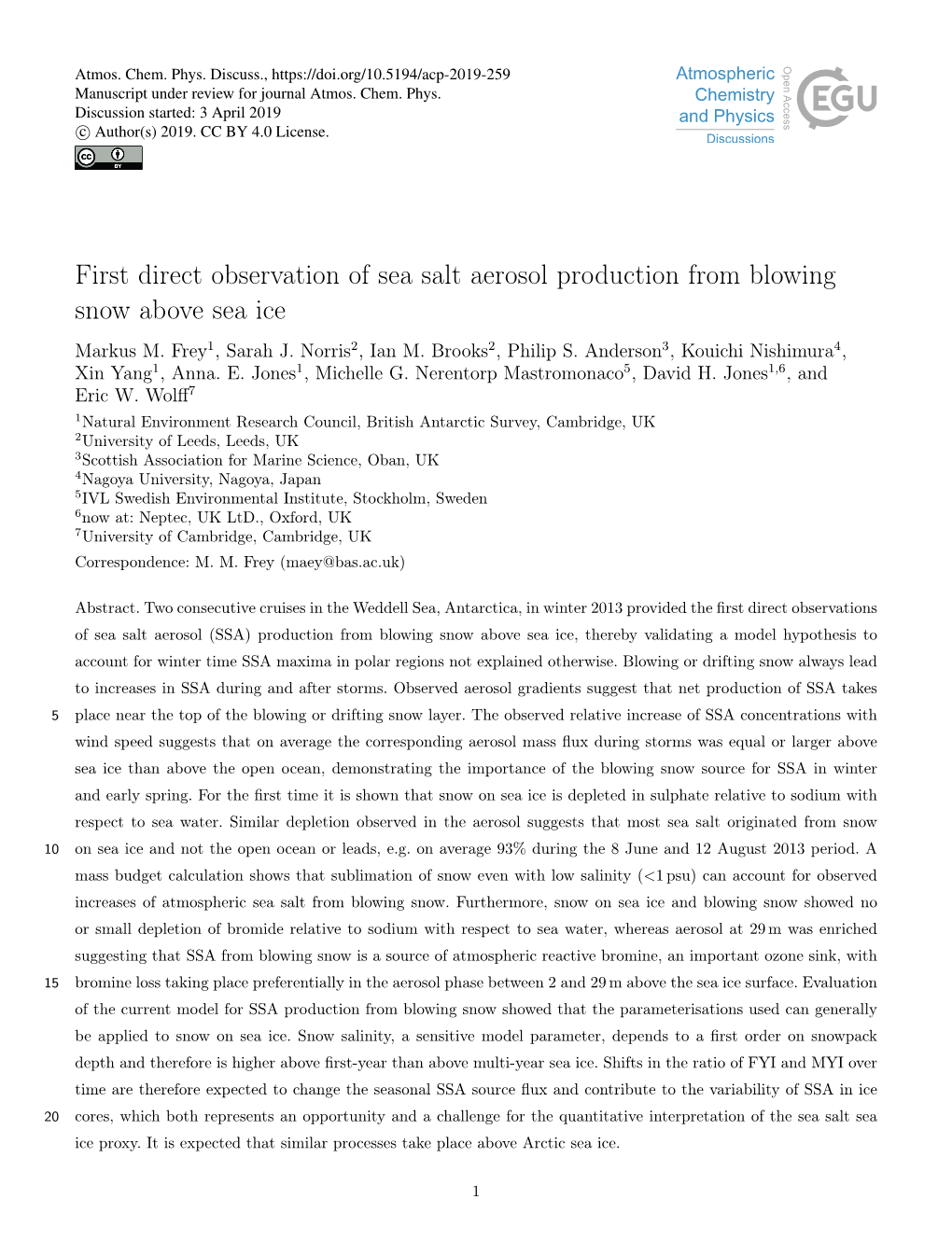 First Direct Observation of Sea Salt Aerosol Production from Blowing Snow Above Sea Ice Markus M