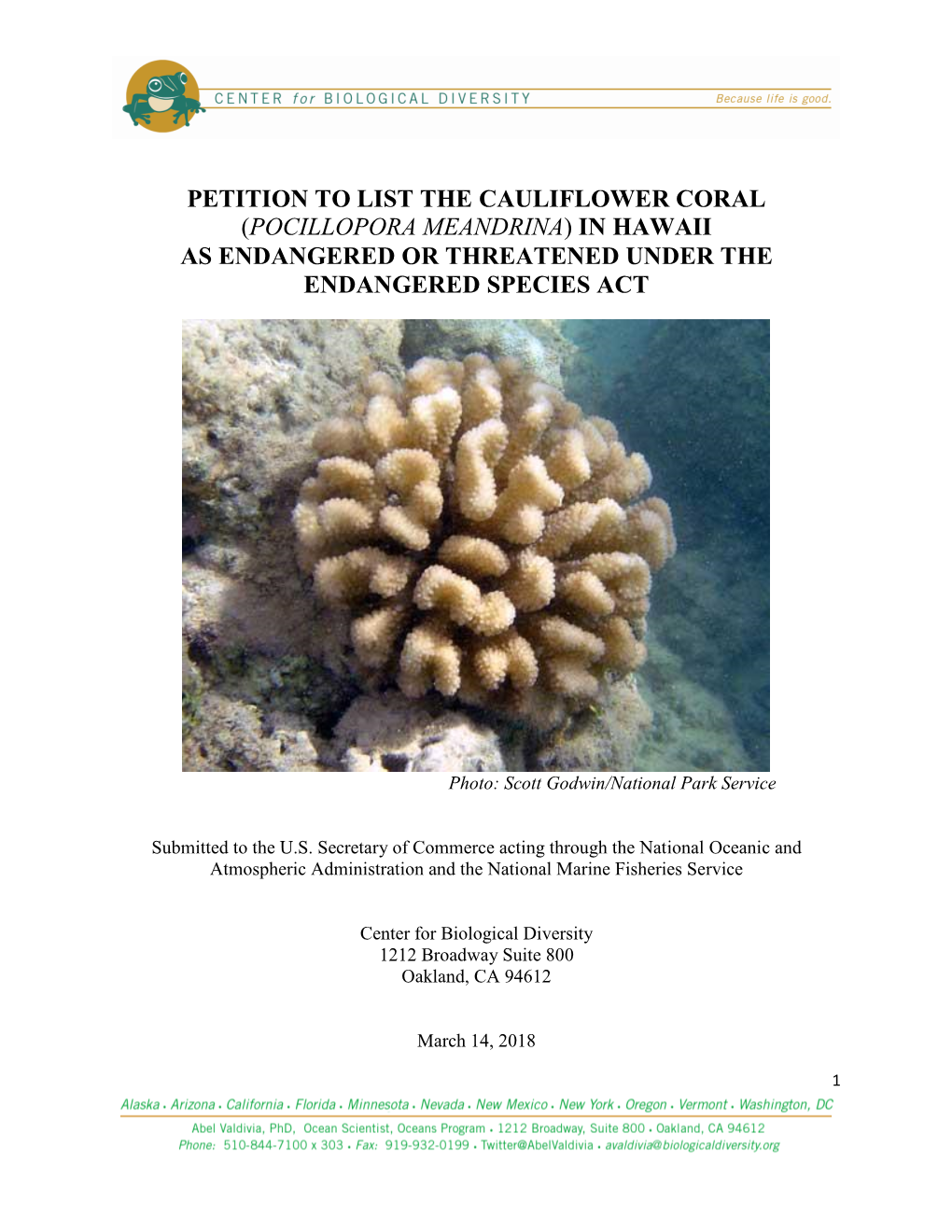 Petition to List the Cauliflower Coral in Hawaii