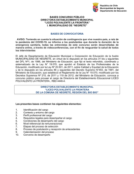 Bases Concurso Público Director/A Establecimiento Municipal “Liceo Polivalente La Frontera” I