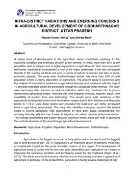 Intra-District Variations and Emerging Concerns in Agricultural Development of Siddharthnagar District, Uttar Pradesh
