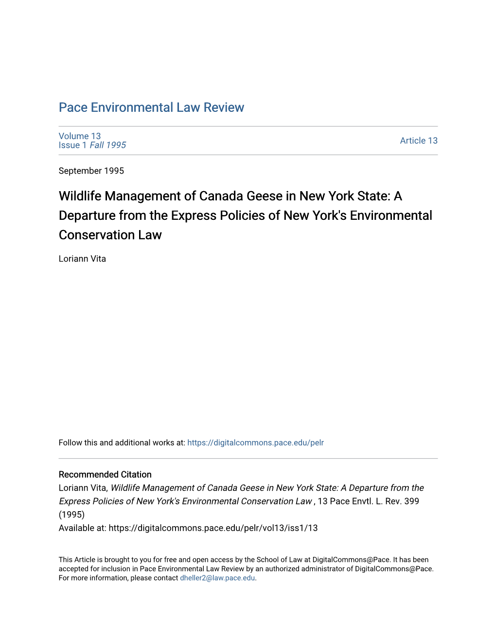 Wildlife Management of Canada Geese in New York State: a Departure from the Express Policies of New York's Environmental Conservation Law