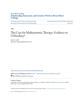 The Case for Multisystemic Therapy: Evidence Or Orthodoxy?