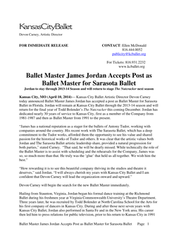 Ballet Master James Jordan Accepts Post As Ballet Master for Sarasota
