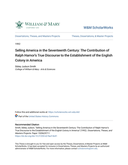 The Contribution of Ralph Hamor's True Discourse to the Establishment of the English Colony in America