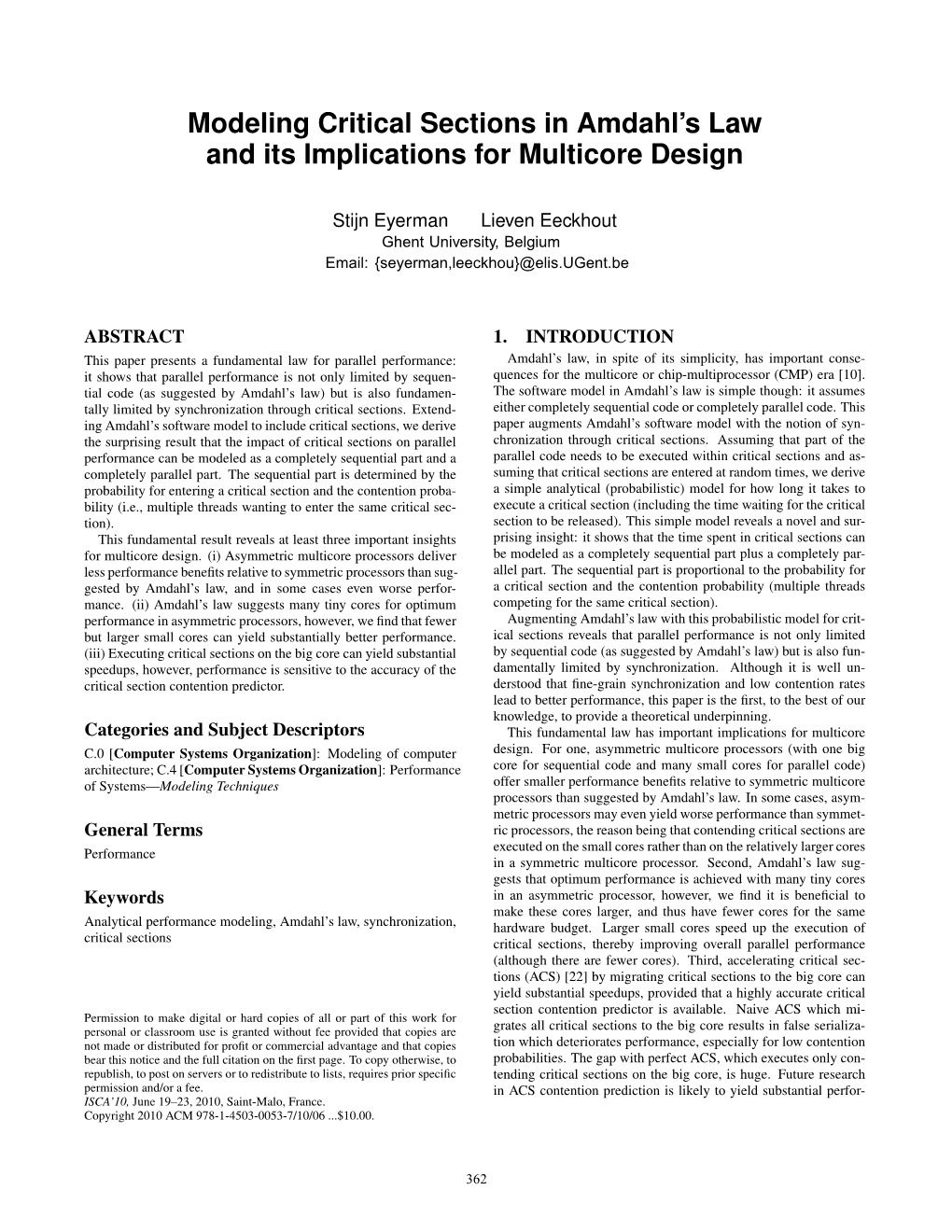 Modeling Critical Sections in Amdahl's Law and Its Implications For