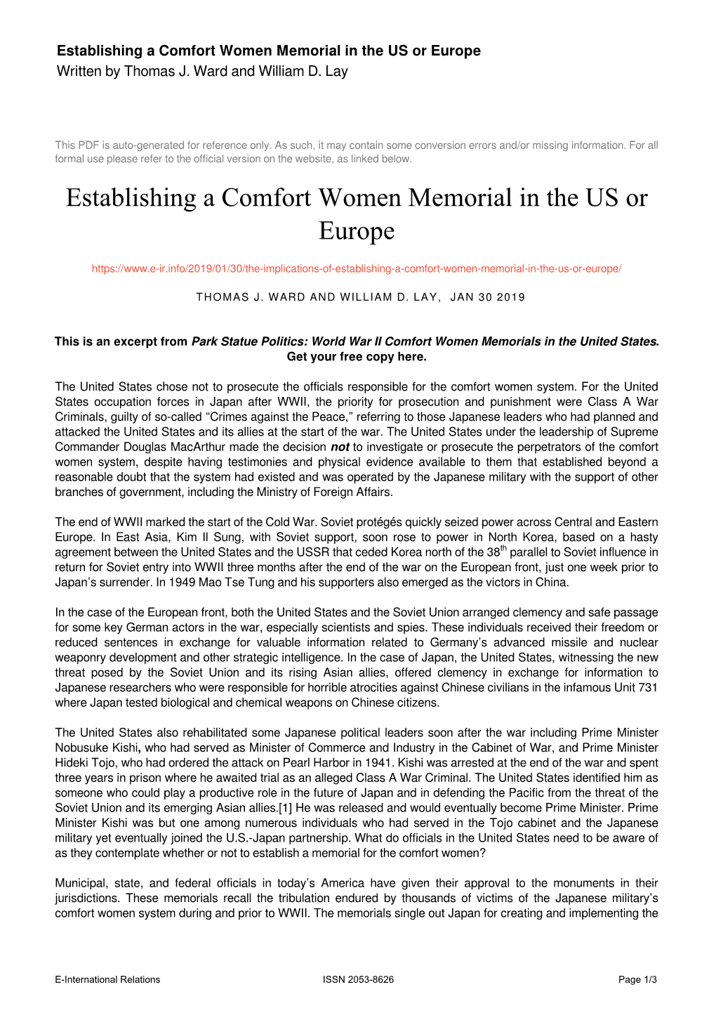 Establishing a Comfort Women Memorial in the US Or Europe Written by Thomas J