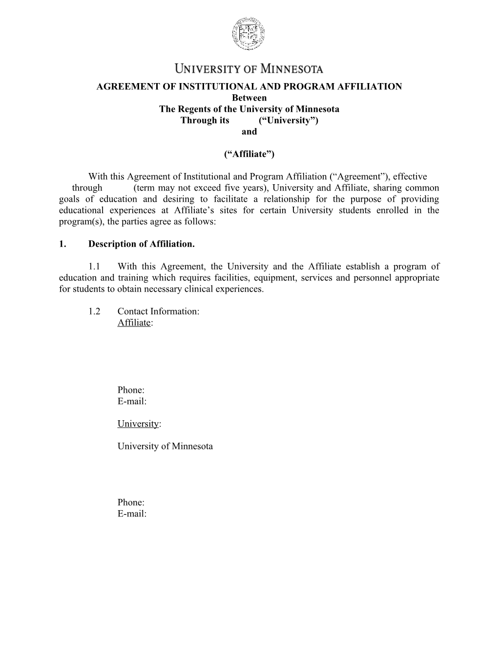 Agreement of Institutional and Program Affiliation