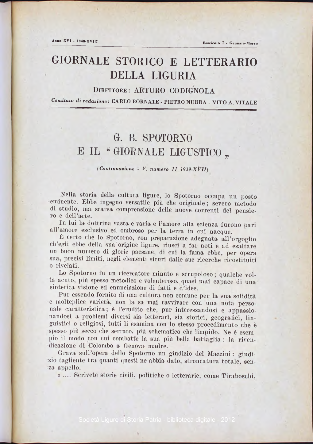 Giornale Storico E Letterario Della Liguria G. B. Spotorno