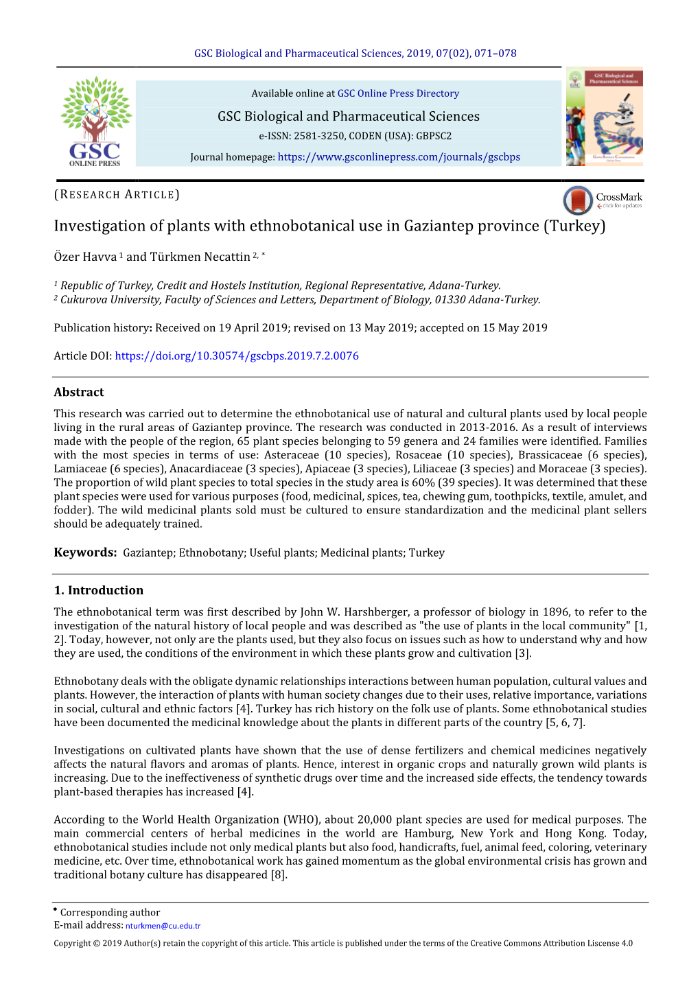 Investigation of Plants with Ethnobotanical Use in Gaziantep Province (Turkey)