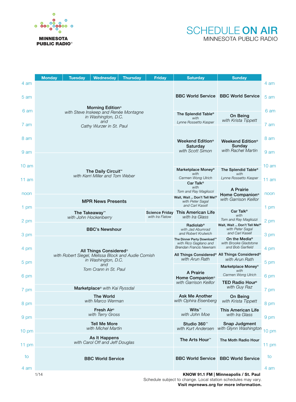 Schedule on Air Minnesota Public Radio