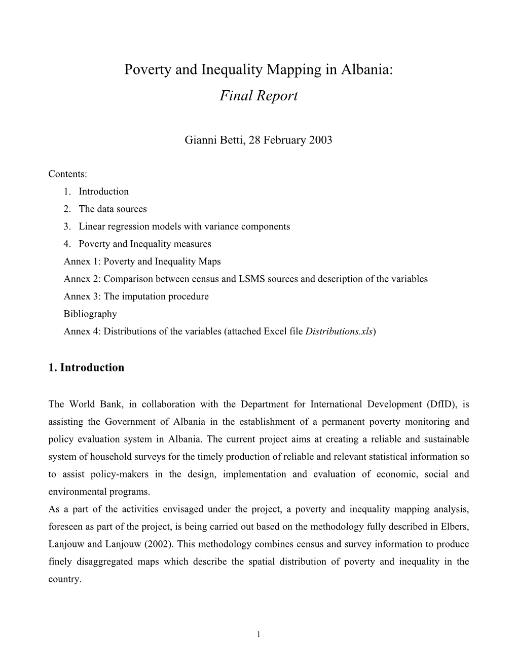 Poverty and Inequality Mapping in Albania: Final Report