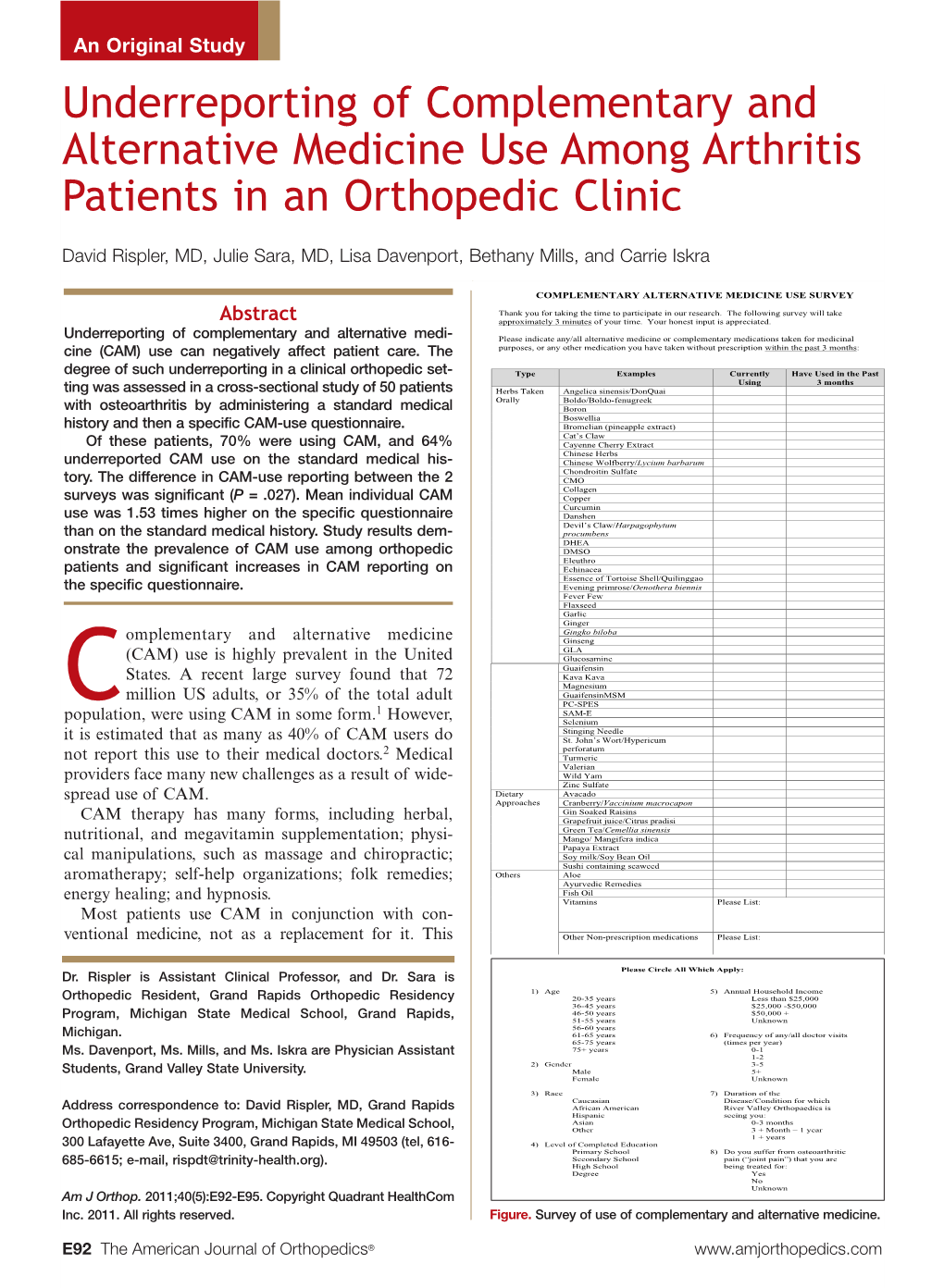 Underreporting of Complementary and Alternative Medicine Use Among Arthritis Patients in an Orthopedic Clinic