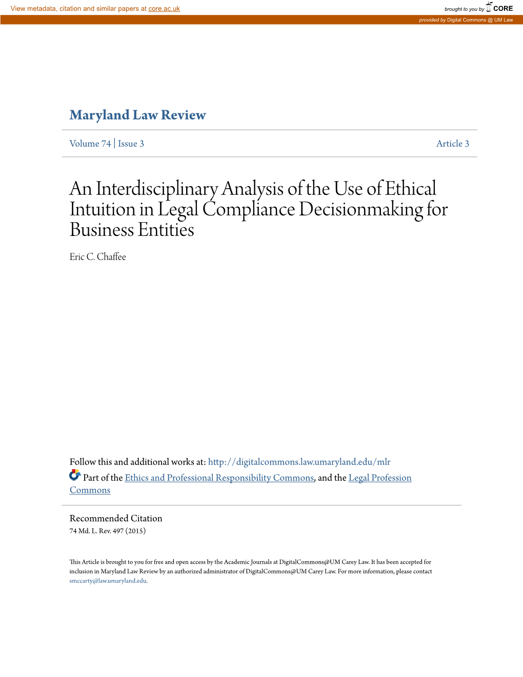 An Interdisciplinary Analysis of the Use of Ethical Intuition in Legal Compliance Decisionmaking for Business Entities Eric C