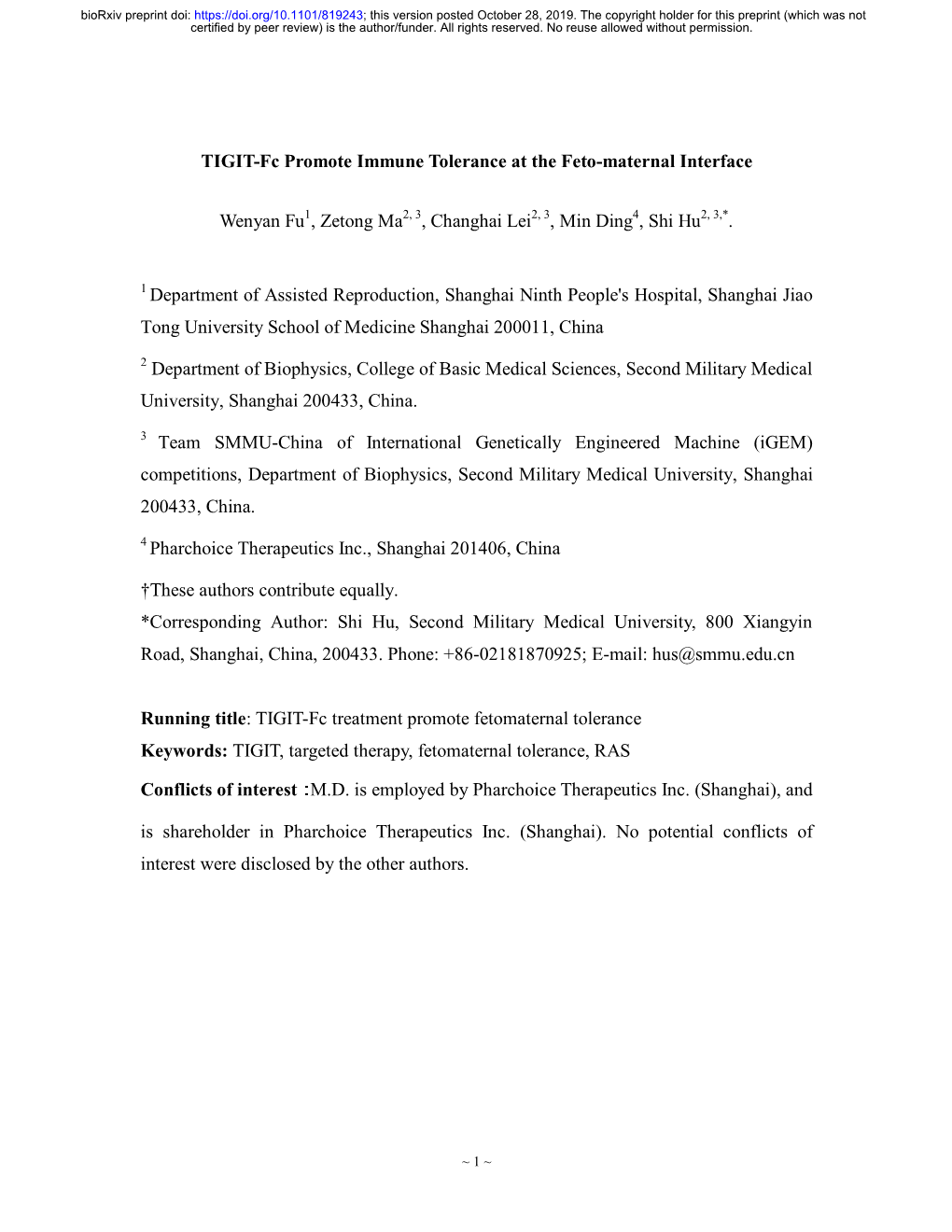 TIGIT-Fc Promote Immune Tolerance at the Feto-Maternal Interface