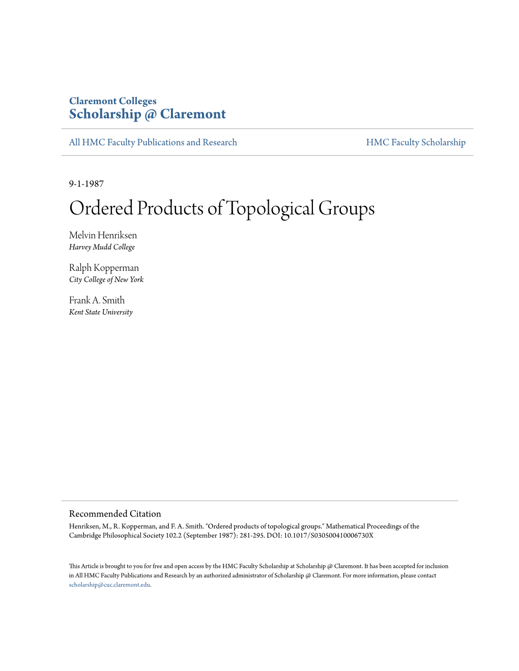 Ordered Products of Topological Groups Melvin Henriksen Harvey Mudd College