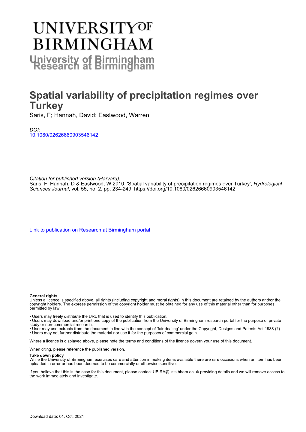 University of Birmingham Spatial Variability of Precipitation