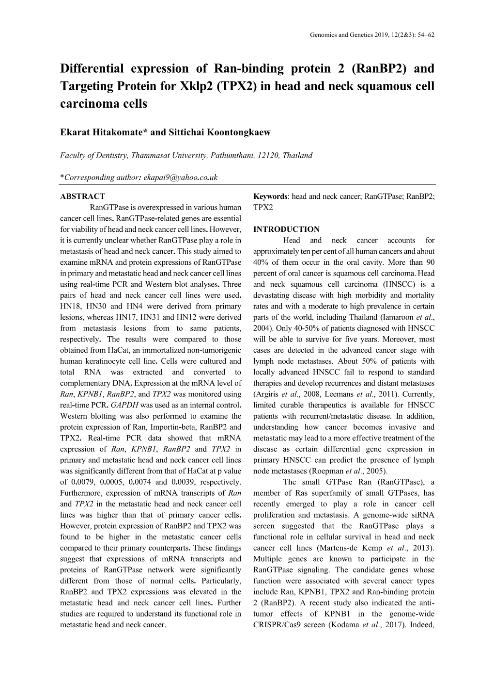 Differential Expression of Ran-Binding Protein 2 (Ranbp2) and Targeting Protein for Xklp2 (TPX2) in Head and Neck Squamous Cell Carcinoma Cells