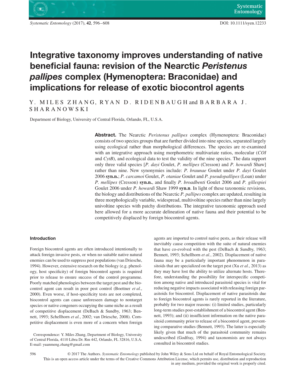 Revision of the Nearctic Peristenus Pallipes Complex (Hymenoptera: Braconidae) and Implications for Release of Exotic Biocontrol Agents