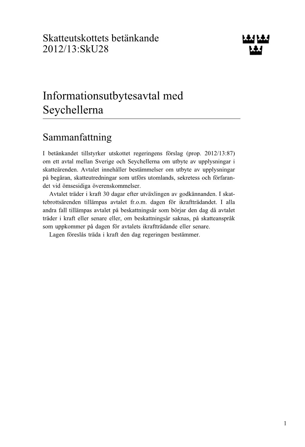 Bet. 2012/13:Sku28 Informationsutbytesavtal Med Seychellerna