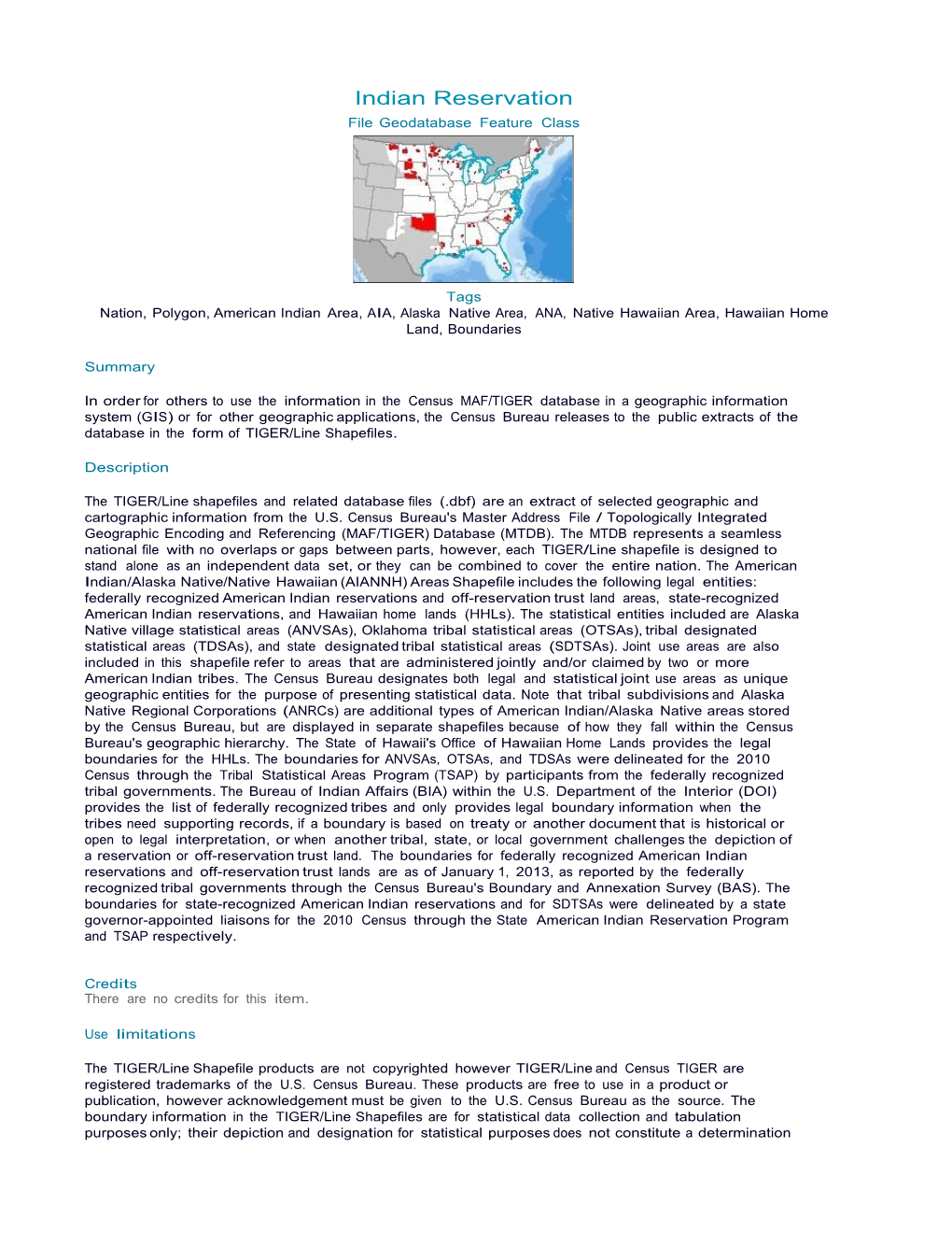 Indian Reservation File Geodatabase Feature Class