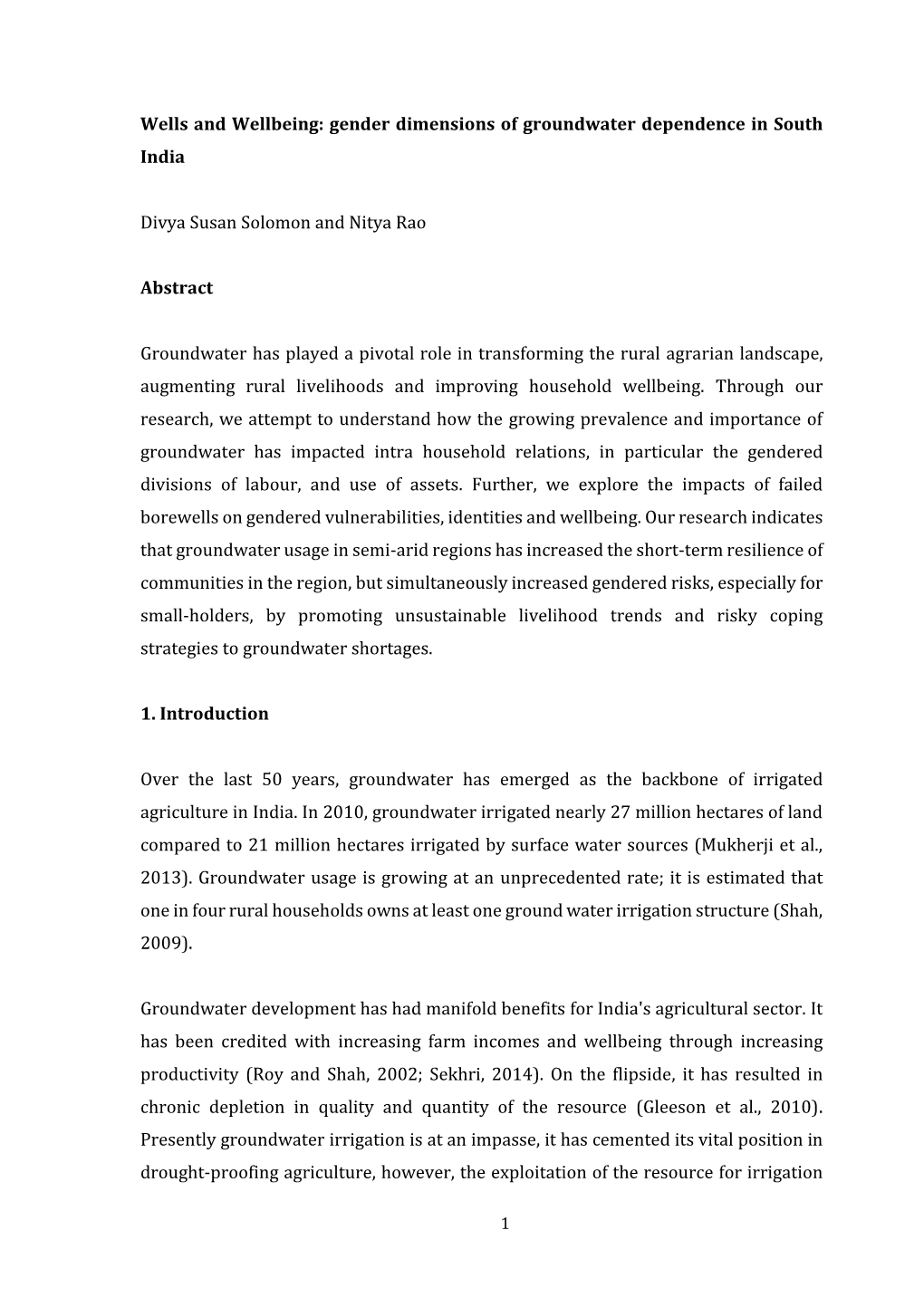 Gender Dimensions of Groundwater Dependence in South India