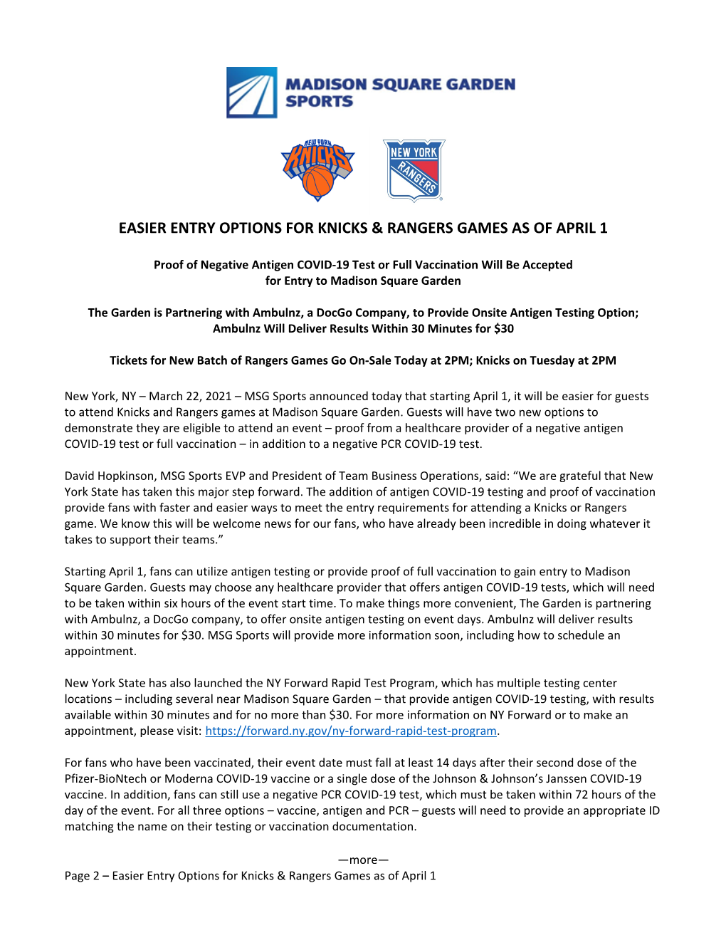 Easier Entry Options for Knicks & Rangers Games As of April 1