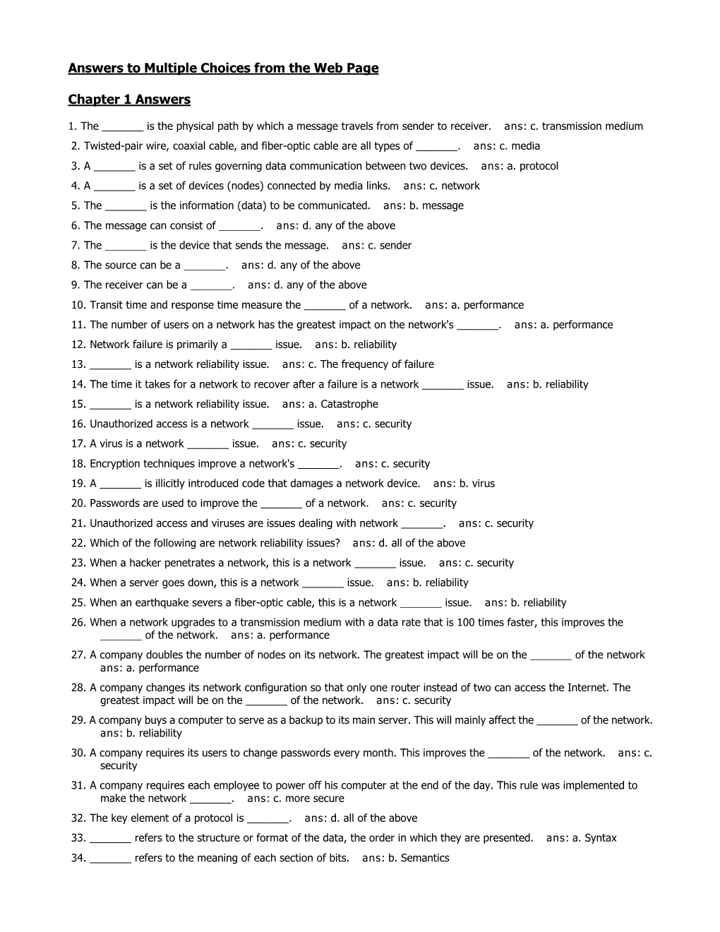 Answers to Multiple Choices from the Web Page Chapter 1 Answers