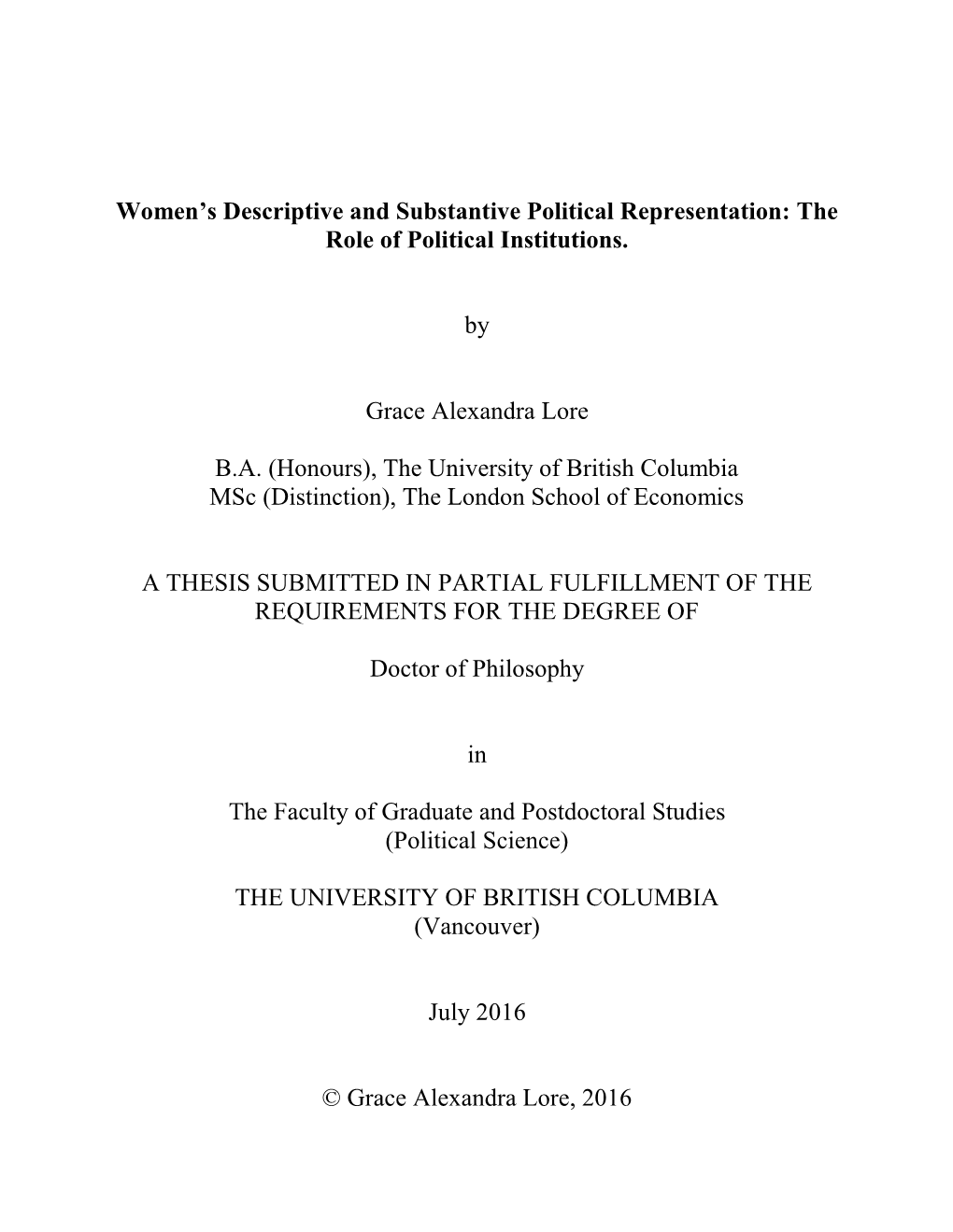 Women's Descriptive and Substantive Political Representation