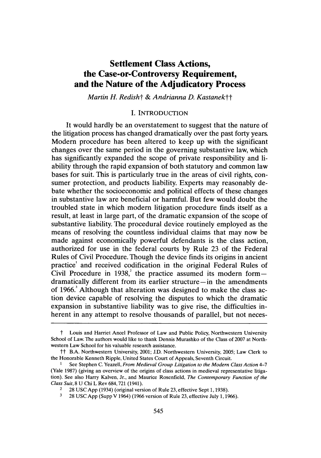 Settlement Class Actions, the Case-Or-Controversy Requirement, and the Nature of the Adjudicatory Process Martin H