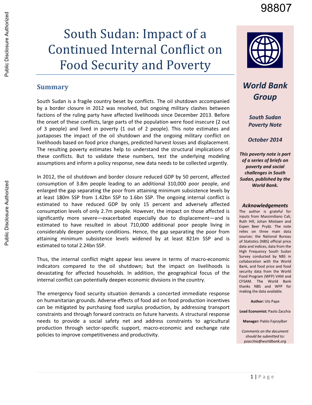 South Sudan: Impact of a Continued Internal Conflict on Food Security and Poverty