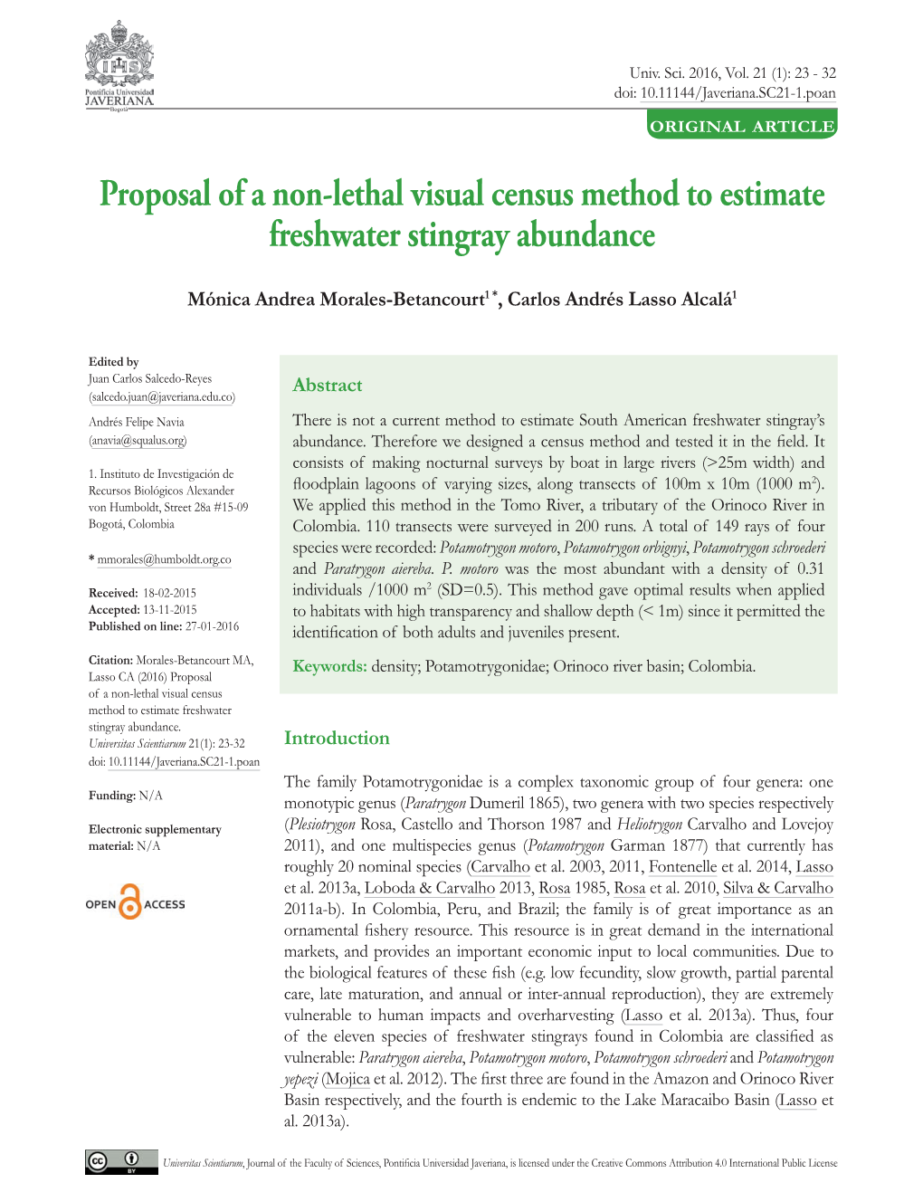 Proposal of a Non-Lethal Visual Census Method to Estimate Freshwater Stingray Abundance