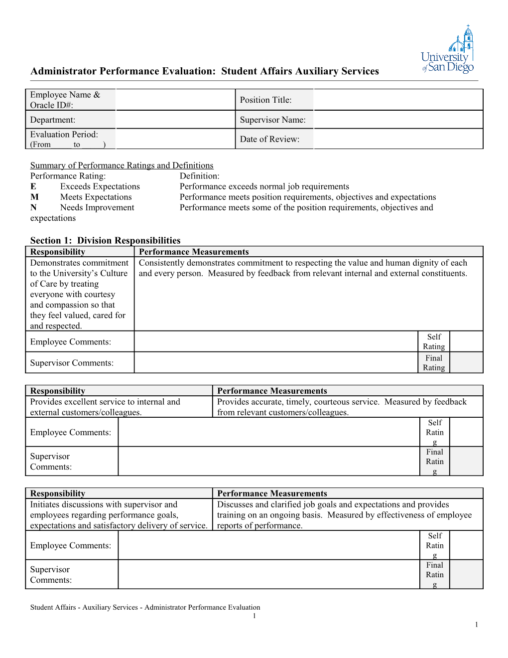 Administrator Performance Evaluation: Student Affairs Auxiliary Services