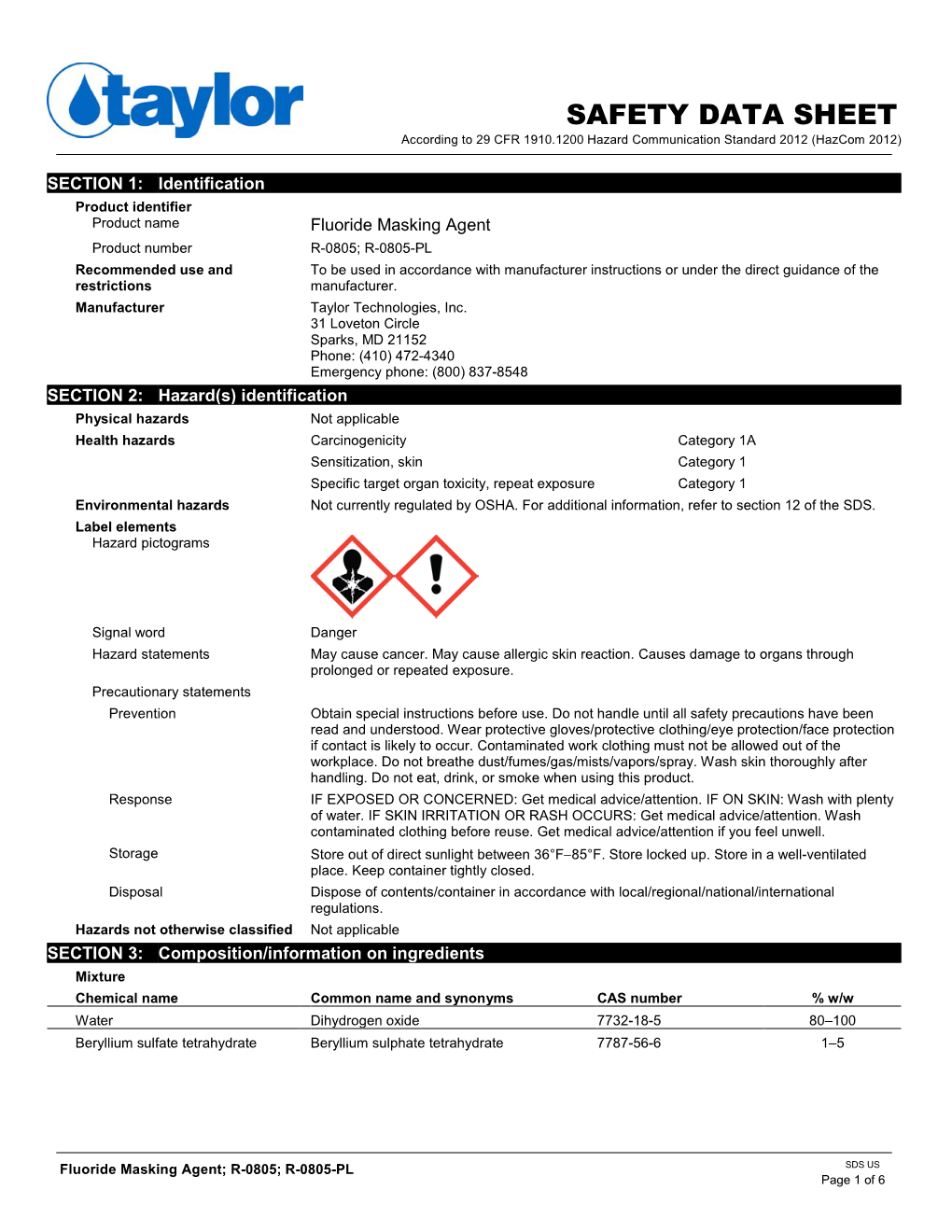 0805; R-0805-PL Recommended Use and to Be Used in Accordance with Manufacturer Instructions Or Under the Direct Guidance of the Restrictions Manufacturer