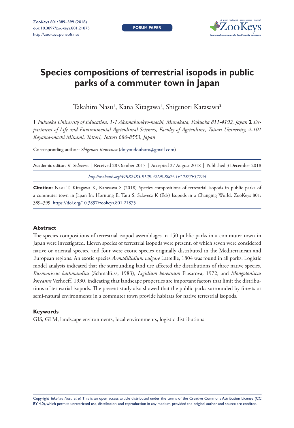 Species Compositions of Terrestrial Isopods in Public Parks of a Commuter Town in Japan