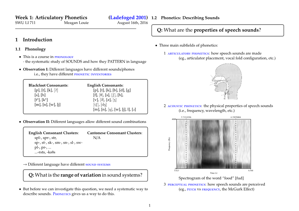 Week 1: Articulatory Phonetics (Ladefoged 2001)