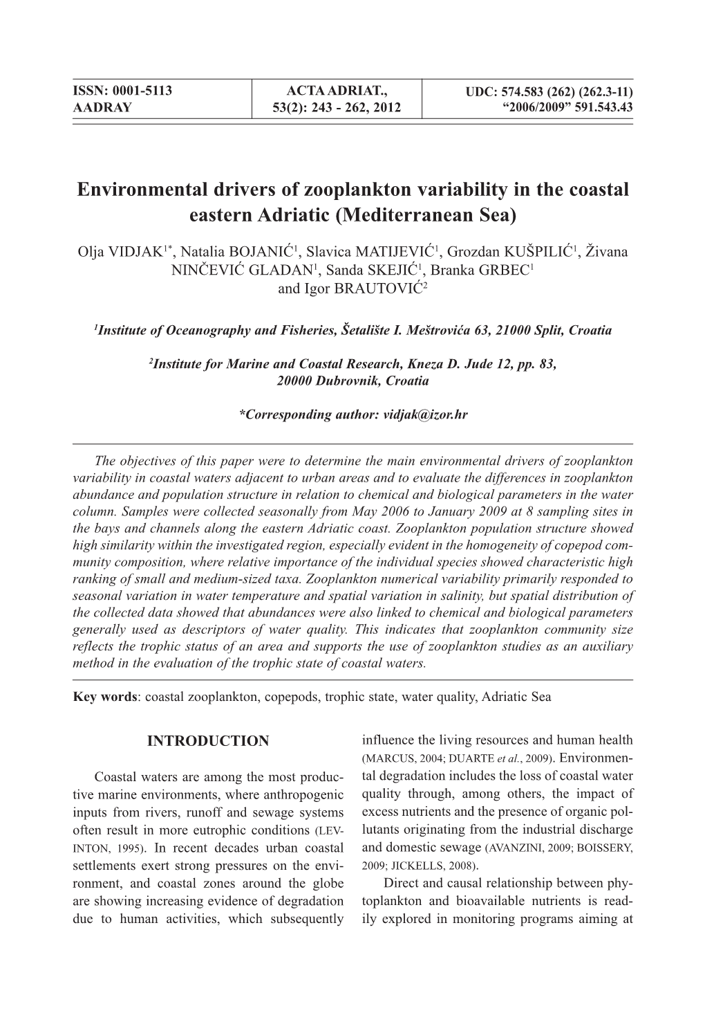 Environmental Drivers of Zooplankton Variability in the Coastal Eastern Adriatic (Mediterranean Sea)