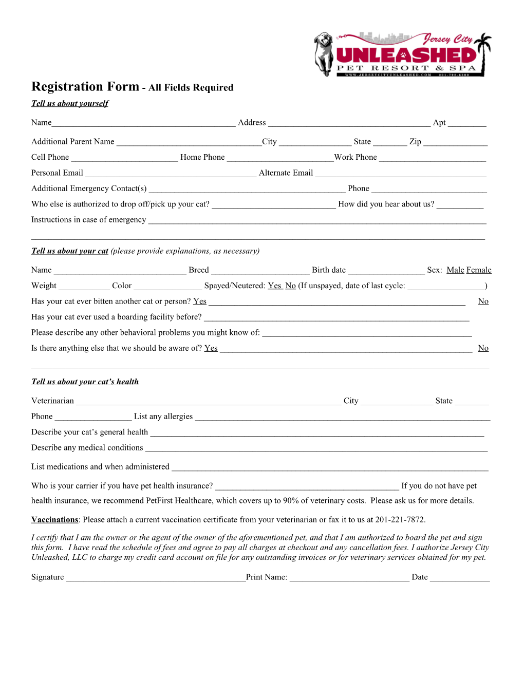 Graceland Doggie Day Care Registration Form