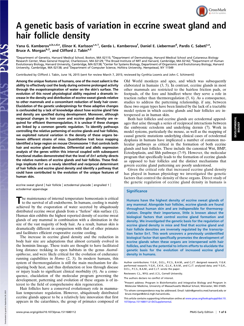 A Genetic Basis of Variation in Eccrine Sweat Gland and Hair Follicle Density