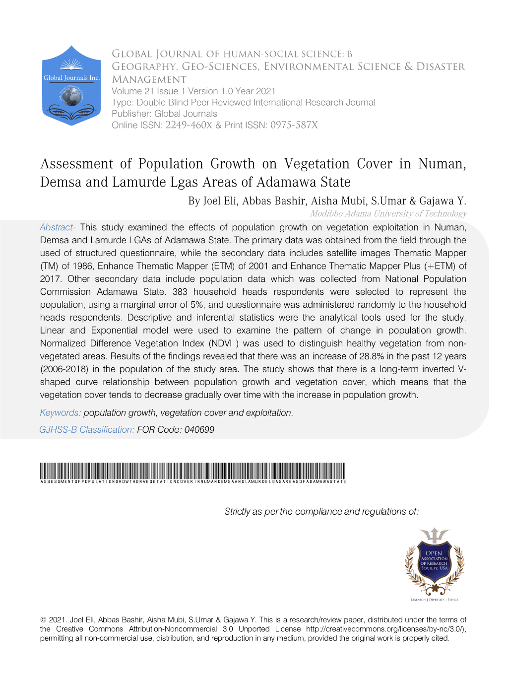 Assessment of Population Growth on Vegetation Cover in Numan, Demsa and Lamurde Lgas Areas of Adamawa State by Joel Eli, Abbas Bashir, Aisha Mubi, S.Umar & Gajawa Y