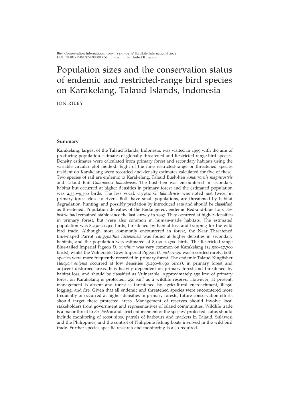 Population Sizes and the Conservation Status of Endemic and Restricted-Range Bird Species on Karakelang, Talaud Islands, Indonesia