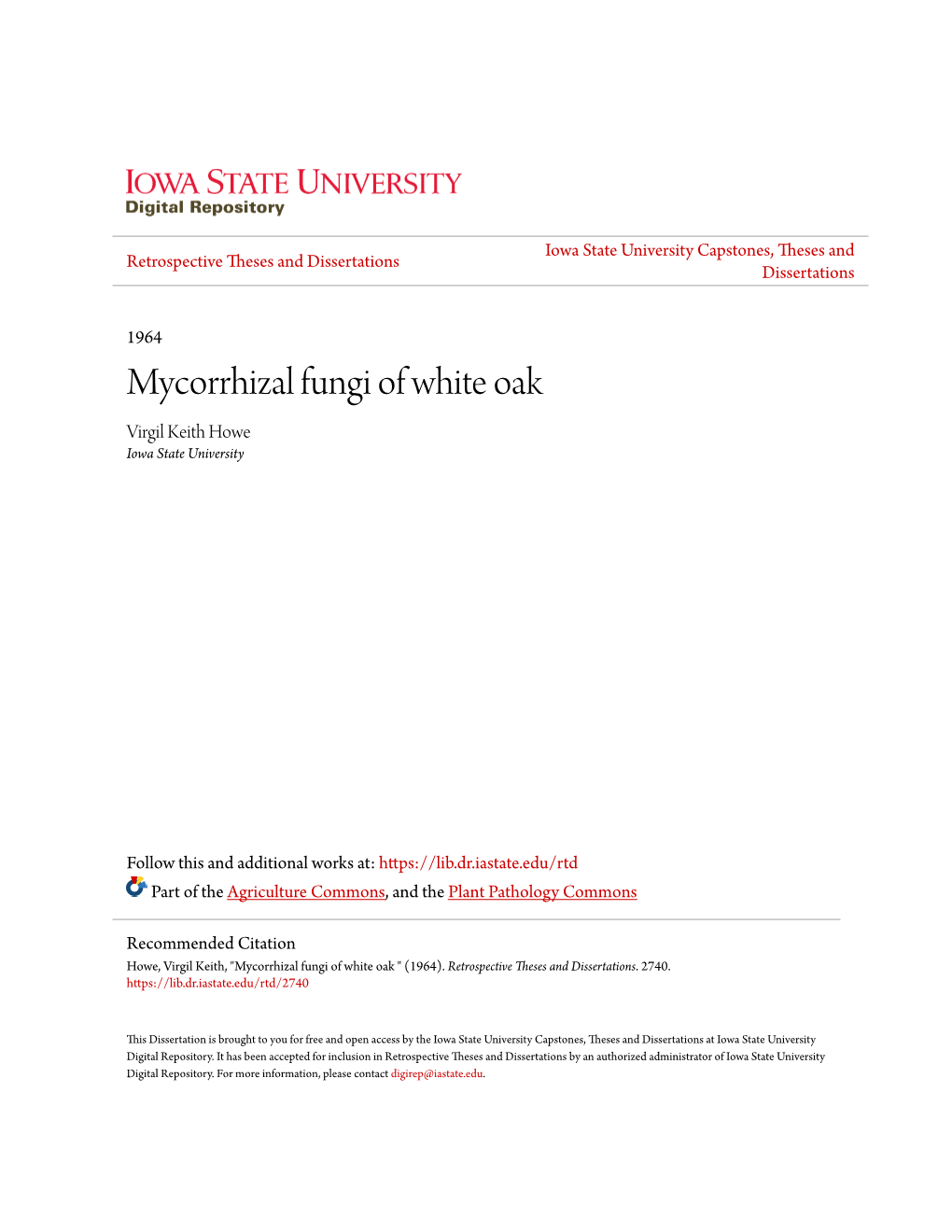 Mycorrhizal Fungi of White Oak Virgil Keith Howe Iowa State University