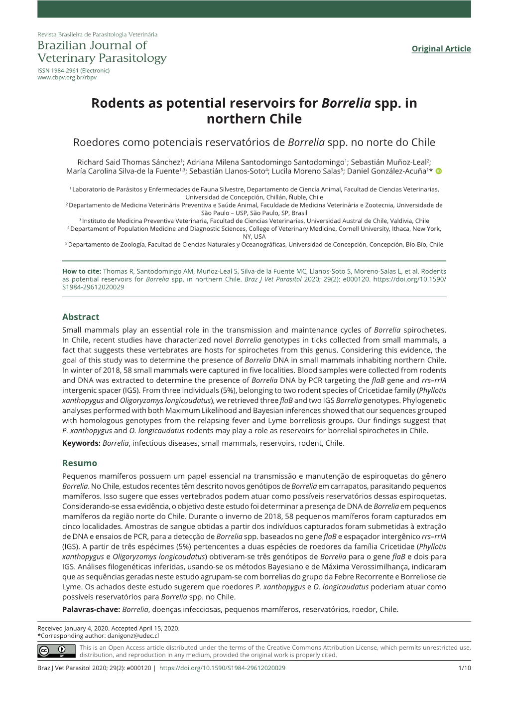 Rodents As Potential Reservoirs for Borrelia Spp. in Northern Chile