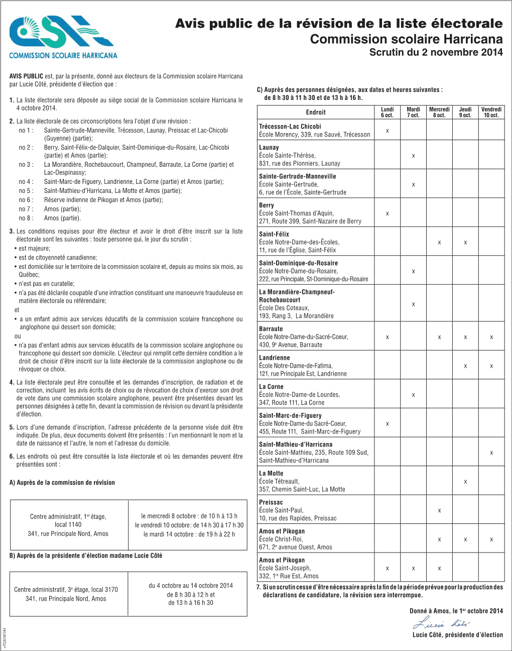 Révision De La Liste Électorale Commission Scolaire Harricana Scrutin Du 2 Novembre 2014