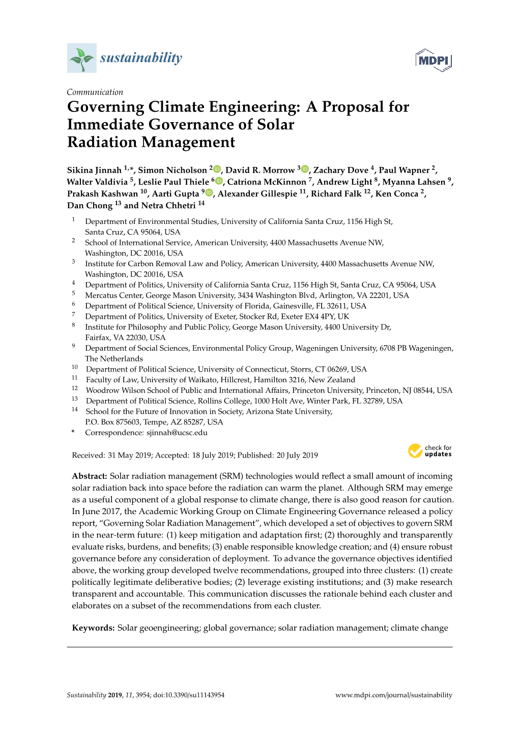 Governing Climate Engineering: a Proposal for Immediate Governance of Solar Radiation Management