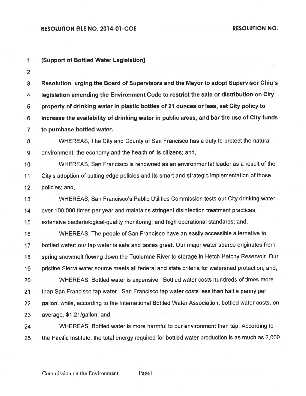 Support of Bottled Water Legislation]