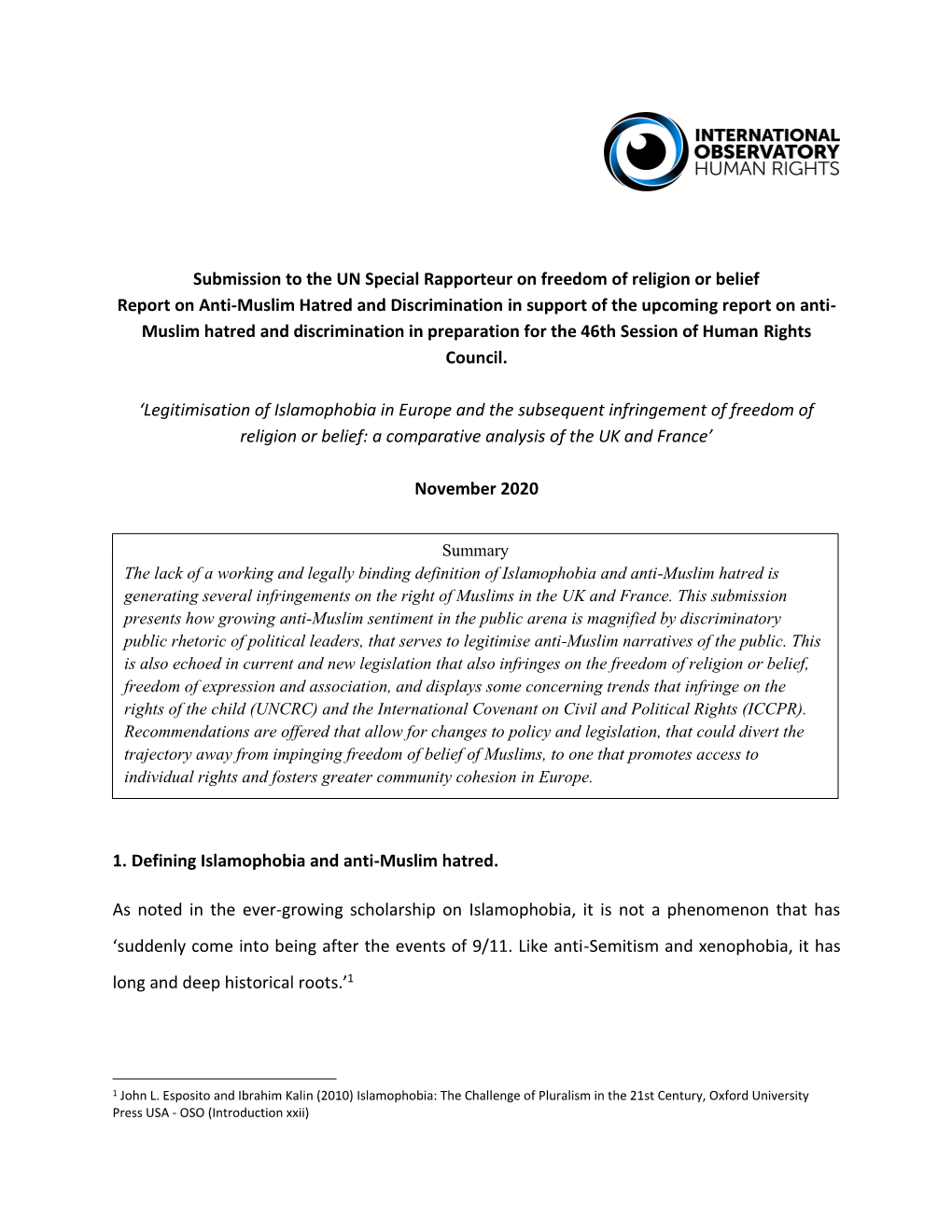 Submission to the UN Special Rapporteur on Freedom of Religion Or Belief Report on Anti-Muslim Hatred and Discrimination In