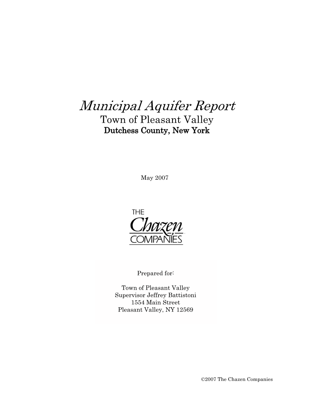 Municipal Aquifer Report Town of Pleasant Valley Dutchess County, New York