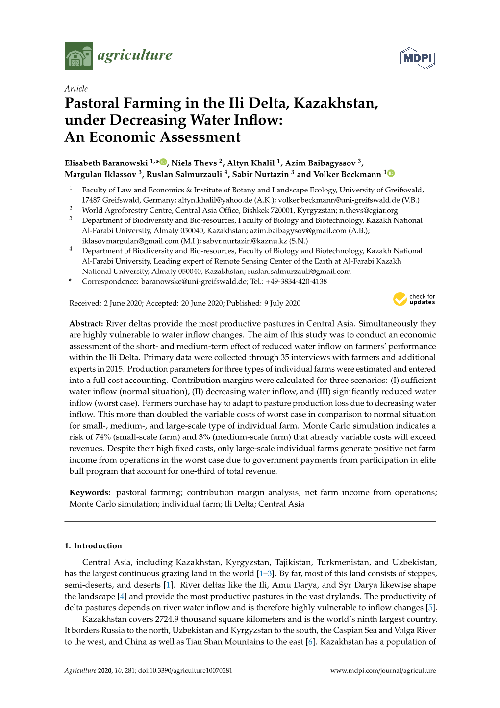 Pastoral Farming in the Ili Delta, Kazakhstan, Under Decreasing Water Inﬂow: an Economic Assessment